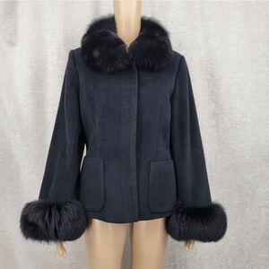 Patty Lewis Vintage Cashmere Wool Elegant Black Fur Trimmed Women's Jacket Coat